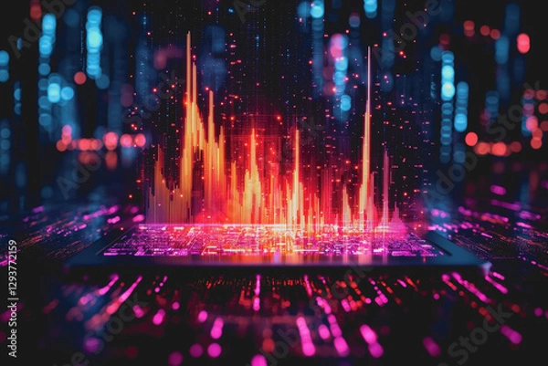 Fototapeta Futuristic cityscape illuminated by vibrant neon lights at night with a glowing urban background