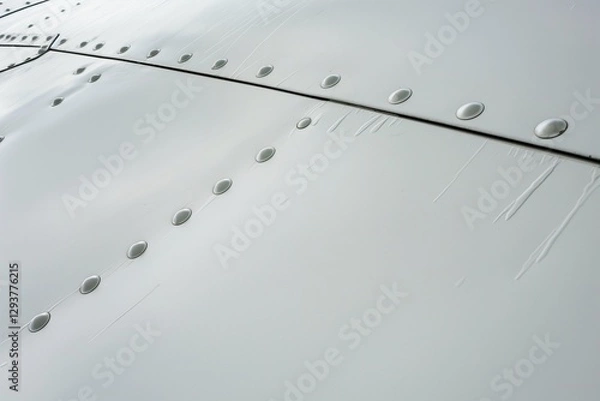 Fototapeta Abstract close-up of jet riveted aluminum tail, textured metal against smooth matte white paint
