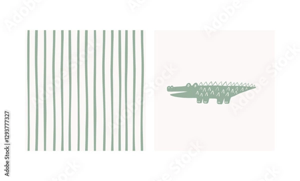 Obraz Cute Crocodile. Safari animals cute illustration in doodl style. Outline hand drawn print. African wild animals character. 