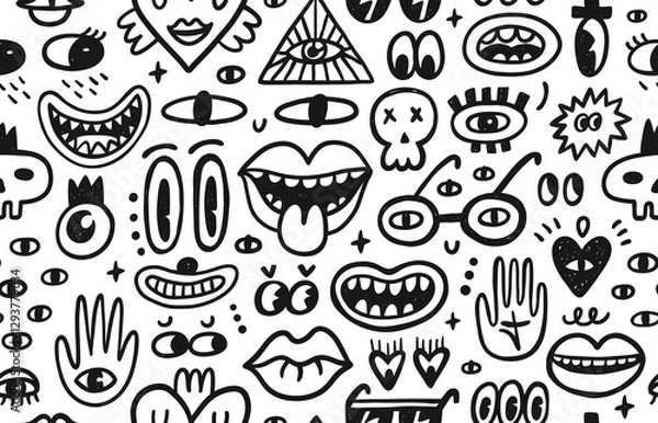 Obraz Seamless pattern with cute doodle cartoon characters, eyes, mouths and mascot elements. Hand drawn vector set. Cartoon faces collection