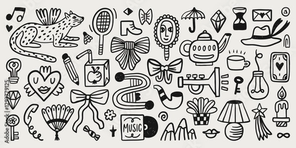 Fototapeta Cute doodle cartoon characters and abstract elements. Hand-drawn vector set. Illustration elements for decor, pattern, poster, card or sticker design.