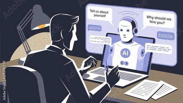 Obraz AI Interview: A modern illustration depicts a person interacting with an artificial intelligence bot for a job interview. The AI, displayed on a screen, poses questions.