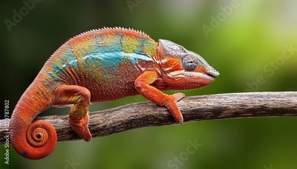 Fototapeta Vivid Chameleon Perched amidst Lush Greenery and Bold Flora, Camouflaging effortlessly within the Vibrant Hues of an Exotic Tropical Rainforest