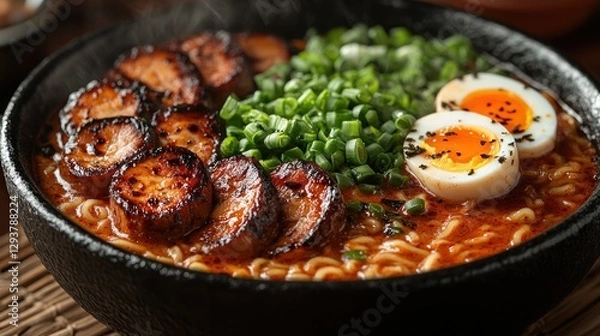 Fototapeta Spicy Ramen with Grilled Pork and Egg