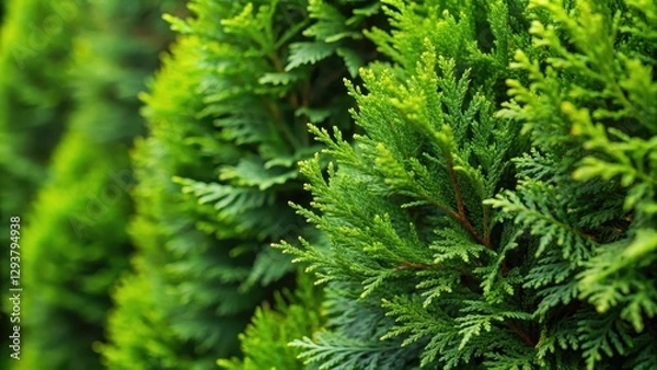 Fototapeta Dense cluster of fresh green branches from a dense hedge of evergreen thuja trees with intricate foliage and subtle texture details , closeup, nature