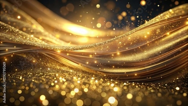 Fototapeta Drape flowing in gold light with glittering particles suspended, movement, metallic,  movement, metallic, fabric, golden hue