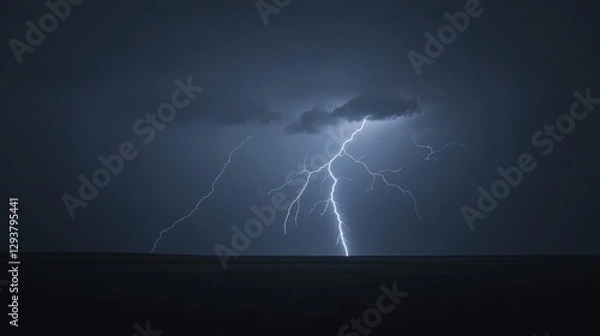 Fototapeta A severe lightning storm over an open field, multiple bolts striking the ground at once, highly cinematic