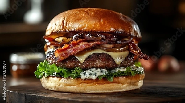 Obraz Professional studio photograph of an ultra-realistic gourmet burger featuring crispy bacon strips, tangy blue cheese crumbles, caramelized onions, fresh lettuce,