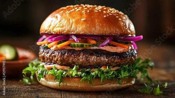Fototapeta Professional studio photography of a Japanese-inspired burger featuring a glossy teriyaki-glazed patty, vibrant wasabi mayo, colorful pickled vegetables, shredded fresh lettuce,