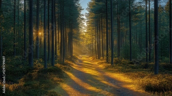 Fototapeta Golden Sunlight Path Through Pine Forest
