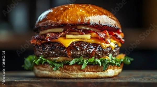 Fototapeta Stylish food photography of a sweet-and-savory gourmet burger in studio setting, stacked layers of beef patty, crispy bacon, melted cheddar, caramelized apples, maple syrup glaze, lettuce,