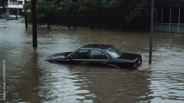 Fototapeta A car stuck in a flooded street with water rising rapidly, symbolizing urban climate challenges,