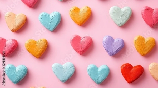 Fototapeta Colorful heart illustrations on a soft pink background, creating a cheerful, playful vibe, perfect for use in romantic, positive, or vibrant graphic designs
