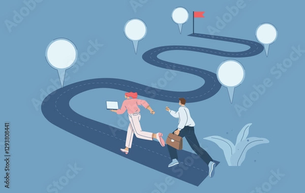 Fototapeta Business team running on project timeline, Roadmap, Project planning to develop the timeline of business progress, Work duration review, Key route map with action plans. Vector design illustration.