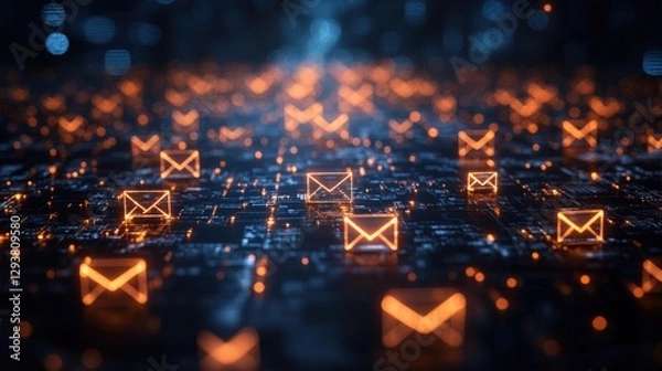 Fototapeta History of Emails Visualized as Interconnected Envelopes Across a Digital Landscape. Generative AI