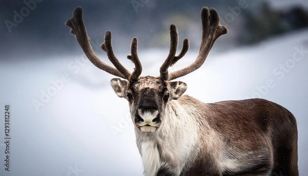 Fototapeta Majestic Reindeer in Wintery Scene A CloseUp Portrayal of an Arctic Mammals Massive Antlers against a Snowy Backdrop, Radiating Power and Elegance.