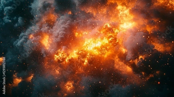 Fototapeta Fiery Explosion in Cosmic Space with Glowing Red and Orange Clouds