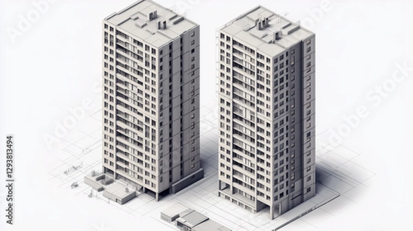 Obraz A high-resolution isometric rendering of two urban high-rises, carefully structured with linear design principles and a detailed facade