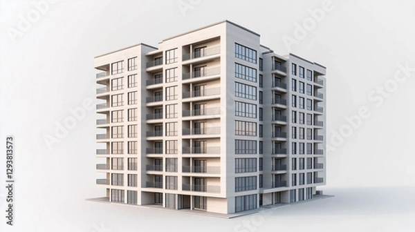 Obraz A high-resolution, photorealistic 3D render of a modern apartment building in a light gray color scheme