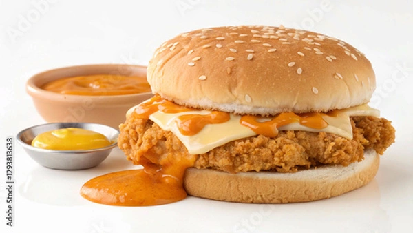Fototapeta A chicken burger, with melting cheese and dripping sauce over a crispy fried patty, is presented on a clean white background, highlighting its juiciness