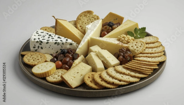 Fototapeta delicious cheese platter with various cheeses, crackers, and grapes arranged on round plate, perfect for gourmet appetizer or party snack