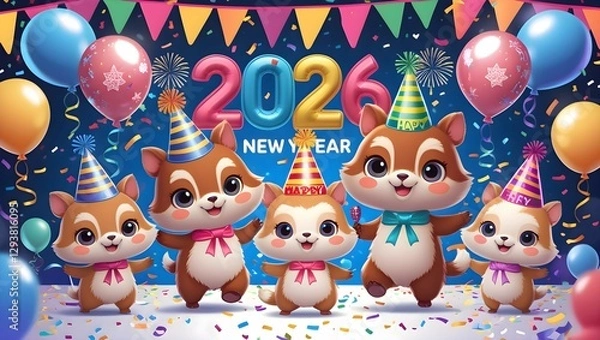 Fototapeta Glittering 2026 with sparkling fireworks celebration. Happy New Year 2026