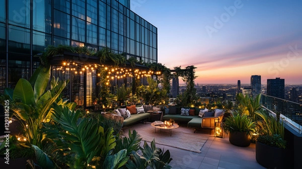 Obraz A luxurious rooftop oasis filled with exotic plants, twinkling fairy lights, and a cozy seating area overlooking a sprawling urban skyline