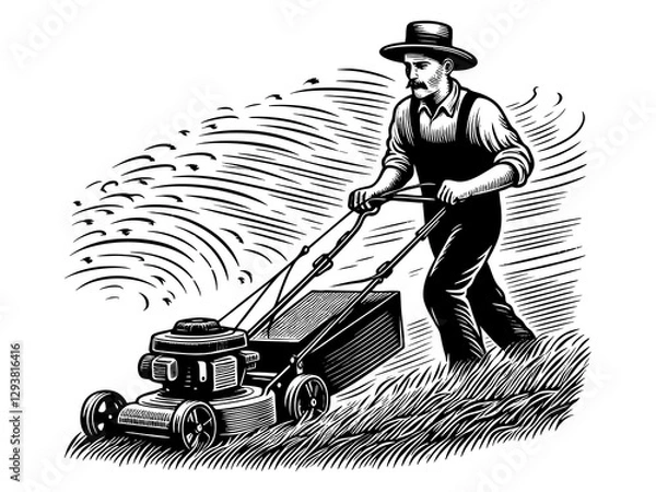 Fototapeta man in traditional clothing mowing grass with a push lawn mower, depicting classic outdoor work engraving generative ai sketch PNG illustration