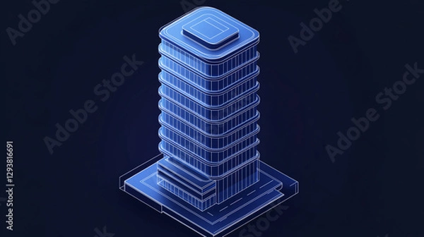 Obraz A meticulously crafted isometric 3D model of a contemporary office skyscraper, constructed with deep blue architectural surfaces marked by crisp