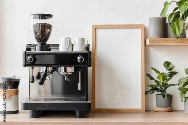 Fototapeta Modern Coffee Machine with Coffee Beans and Blank Frame Decor