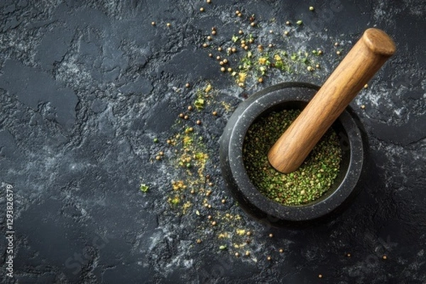 Fototapeta Freshly Ground Spices in a Stone Mortar on Dark Textured Background