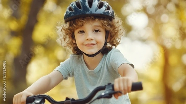 Fototapeta Beautiful little child riding bicycle wearing helmet on head, trees in the background out of focus