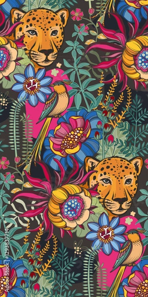 Fototapeta Vector seamless pattern with tropical plants and flowers, wild animals and birds