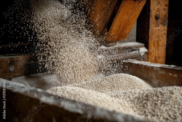 Fototapeta Flowing Grain Being Processed in Traditional Milling Machine