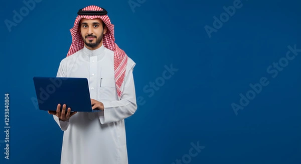 Obraz arab saudi man with laptop isolated background