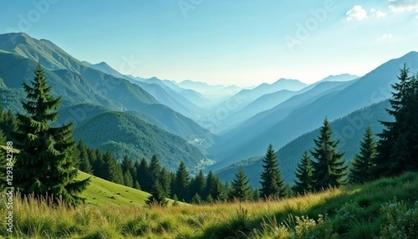 Obraz Picturesque mountain landscape  in summer with lush greenery and misty valleys under a clear blue sky
