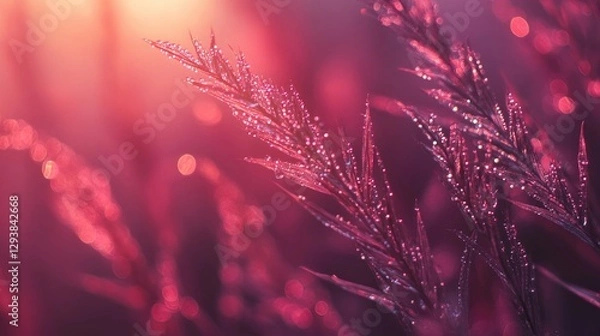 Fototapeta Glistening dew on grass blades glowing warmly under soft morning light, captured in a crisp macro view