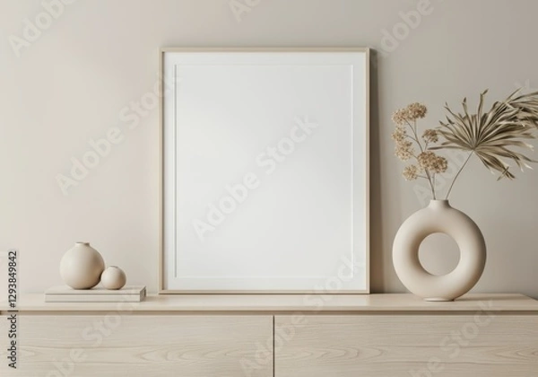 Fototapeta Minimalist interior with a blank frame and decorative vase on a wooden surface