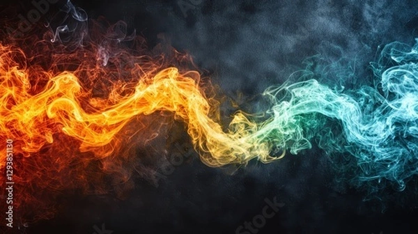 Fototapeta A swirling vortex of orange and green smoke against a stark black backdrop, a captivating symphony of color and movement, offering an abundance of copy space for your message or artwork. 