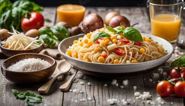 Obraz Aromatic Pasta with Corn, Tomatoes and Basil