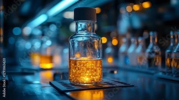 Fototapeta Chemical Compound Elixir in Glass Bottle Scientific Research and Experimentation Analysis