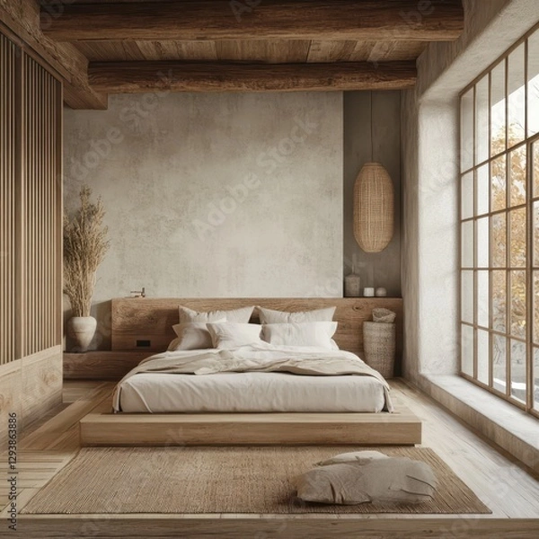 Fototapeta This is a contemporary bedroom with neutral tones in it