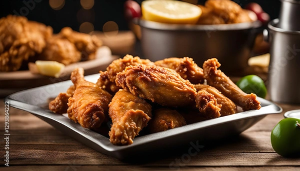 Obraz Crispy Fried Chicken Wings on a Silver Platter