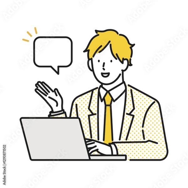 Fototapeta イラスト素材：ノートパソコンの前で会話をするビジネスパーソンの男性