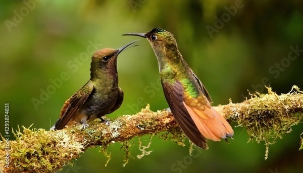 Fototapeta Vivid Visions of the Enchanting Santa Marta Woodstar, a Colombian Endemic Gem, Soaring Amidst Exotic Blooms with Radiant Hues and Dynamic Energy