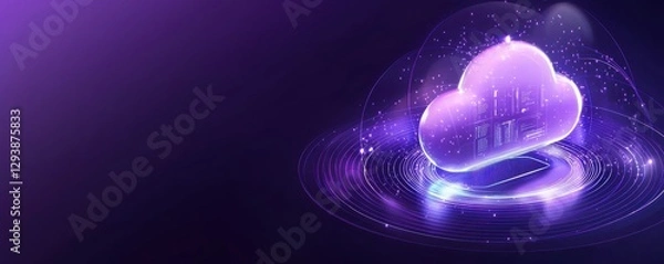 Fototapeta A digital cloud icon surrounded by glowing elements and a vibrant purple background, symbolizing technology and data storage.