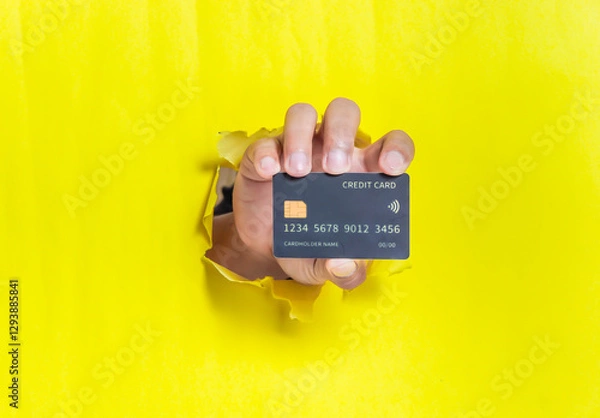 Fototapeta A hand holds a credit card emerging through a bright yellow wall.