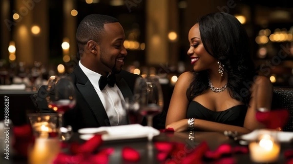 Fototapeta A couple enjoys a romantic candlelit dinner with rose petals and wine glasses on the table