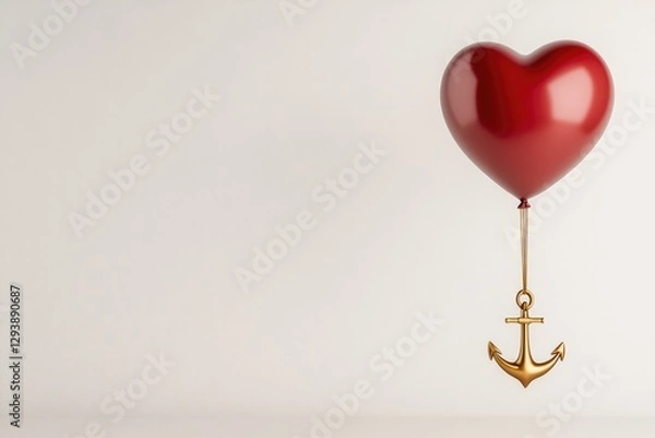 Obraz Red heart balloon suspended by golden anchor symbolizes love and