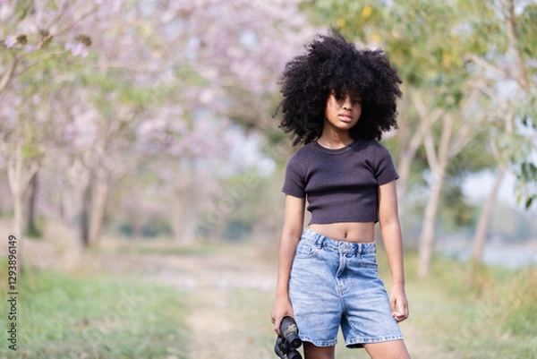 Obraz A teenager with voluminous curly hair sits in a grassy field, using binoculars to observe the surroundings. She wears a black crop top and denim shorts, exploring the beauty of nature with curiosity